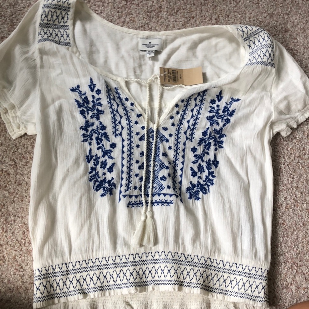 AE embroidered cream shirt with blue design